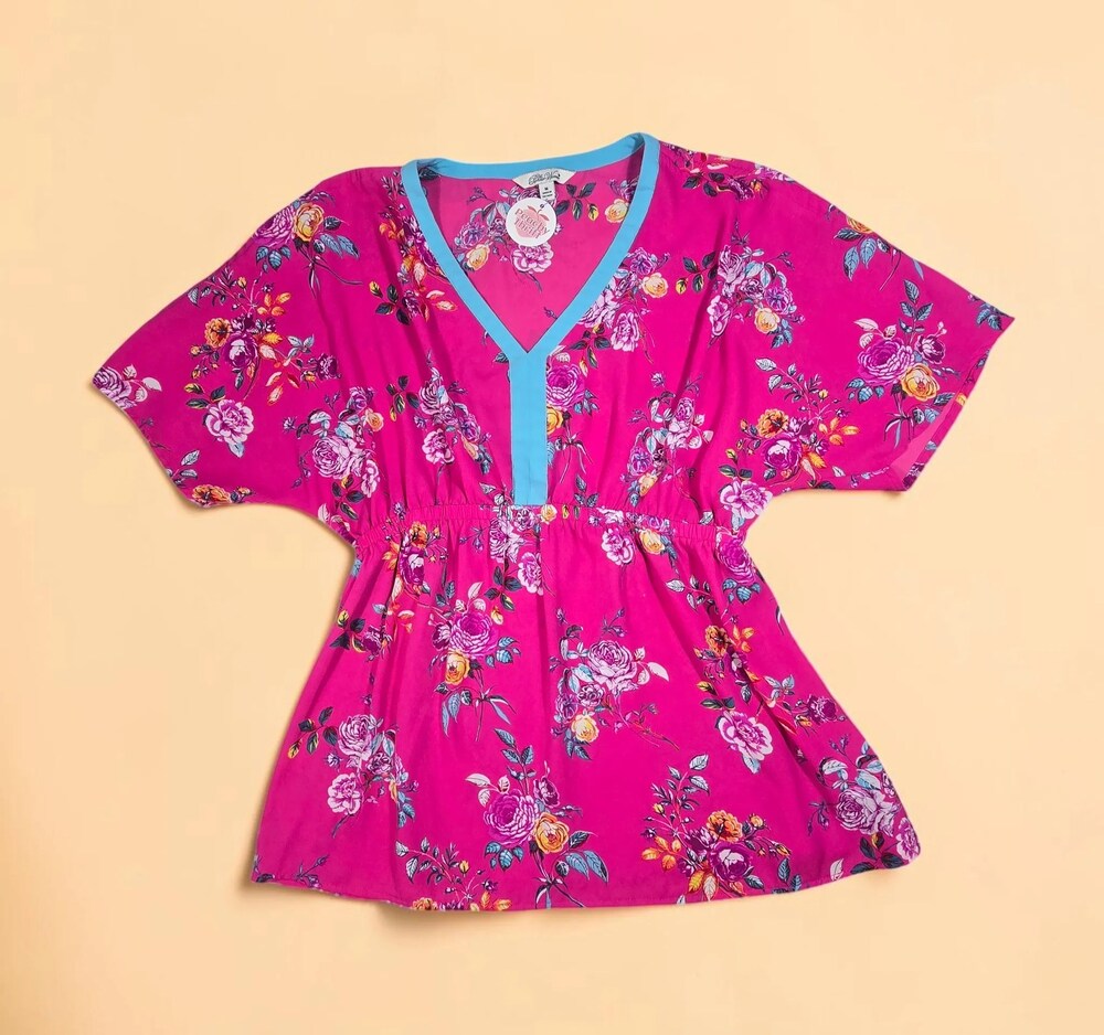 The Pioneer Woman Magenta Floral Kimono Top Cinch Waist V-Neck Blouse Medium